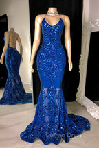 Gorgeous Halter V Neck Sleeveless Mermaid Prom Dresses Sequins Long