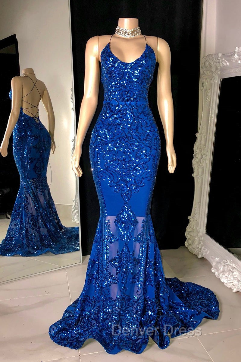Gorgeous Halter V Neck Sleeveless Mermaid Prom Dresses Sequins Long