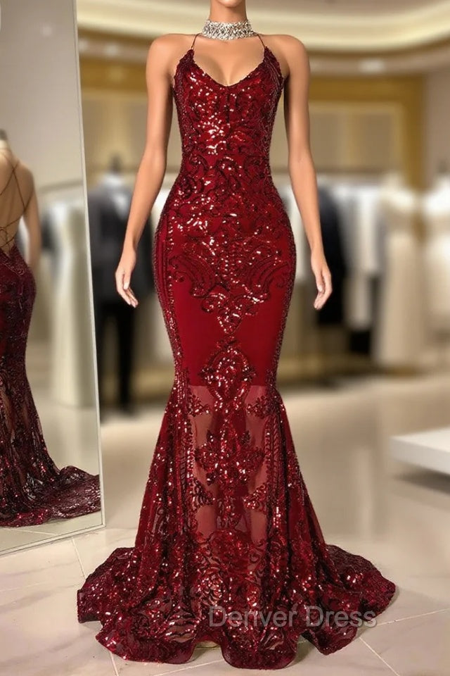 Gorgeous Halter V Neck Sleeveless Mermaid Prom Dresses Sequins Long Main image