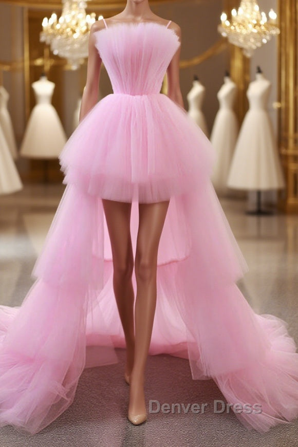 Gorgeous High Low Pink Tulle Long Prom Dress, Pink Tulle Prom Graduation Prom Dresses Main image