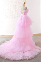 Gorgeous High Low Pink Tulle Long Prom Dress, Pink Tulle Prom Graduation Prom Dresses