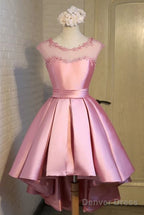 Gorgeous High Low Satin Homecoming Dress, Round Neckline Lace-Up Dress