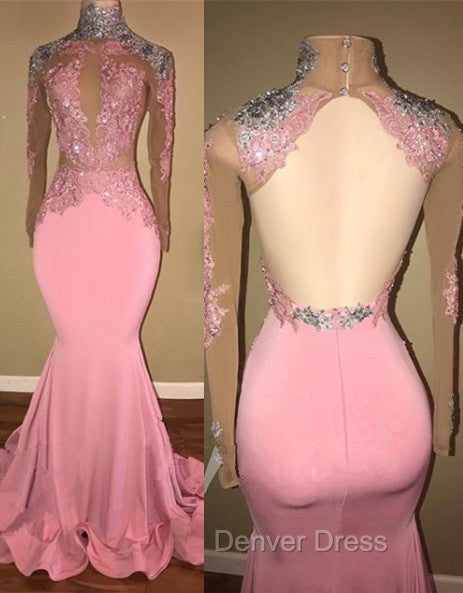 Gorgeous High-Neck Backless Pink Prom Party GownsMermaid With Lace Appliques