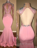 Gorgeous High Neck Backless Pink Prom GownMermaid With Lace Appliques