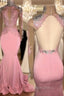 Gorgeous High-Neck Backless Pink Prom Party GownsMermaid With Lace Appliques
