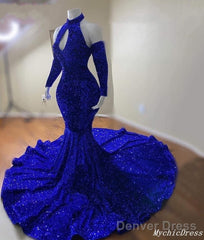 Gorgeous High Neck Long Sleeve Royal Blue Prom Dresses Sequins Party Dress