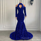 Gorgeous High Neck Long Sleeve Royal Blue Prom Dresses Sequins Party Dresses