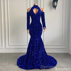 Gorgeous High Neck Long Sleeve Royal Blue Prom Dresses Sequins Party Dress