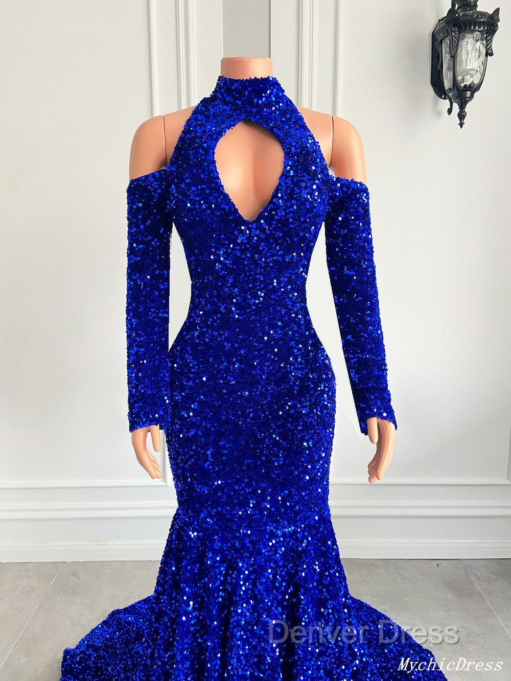 Gorgeous High Neck Long Sleeve Royal Blue Prom Dresses Sequins Party Dresses