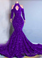 Gorgeous High Neck Long Sleeve Royal Blue Prom Dresses Sequins Party Dresses
