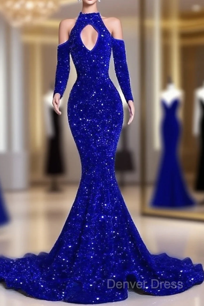 Gorgeous High Neck Long Sleeve Royal Blue Prom Dresses Sequins Party Dresses Main image
