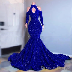Gorgeous High Neck Long Sleeve Royal Blue Prom Dresses Sequins Party Dress