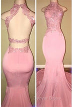 Gorgeous High Neck Pink Lace Prom GownMermaid Long