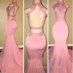 Gorgeous High Neck Pink Lace Prom Party GownsMermaid Long