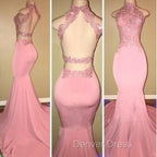 Gorgeous High Neck Pink Lace Prom GownMermaid Long