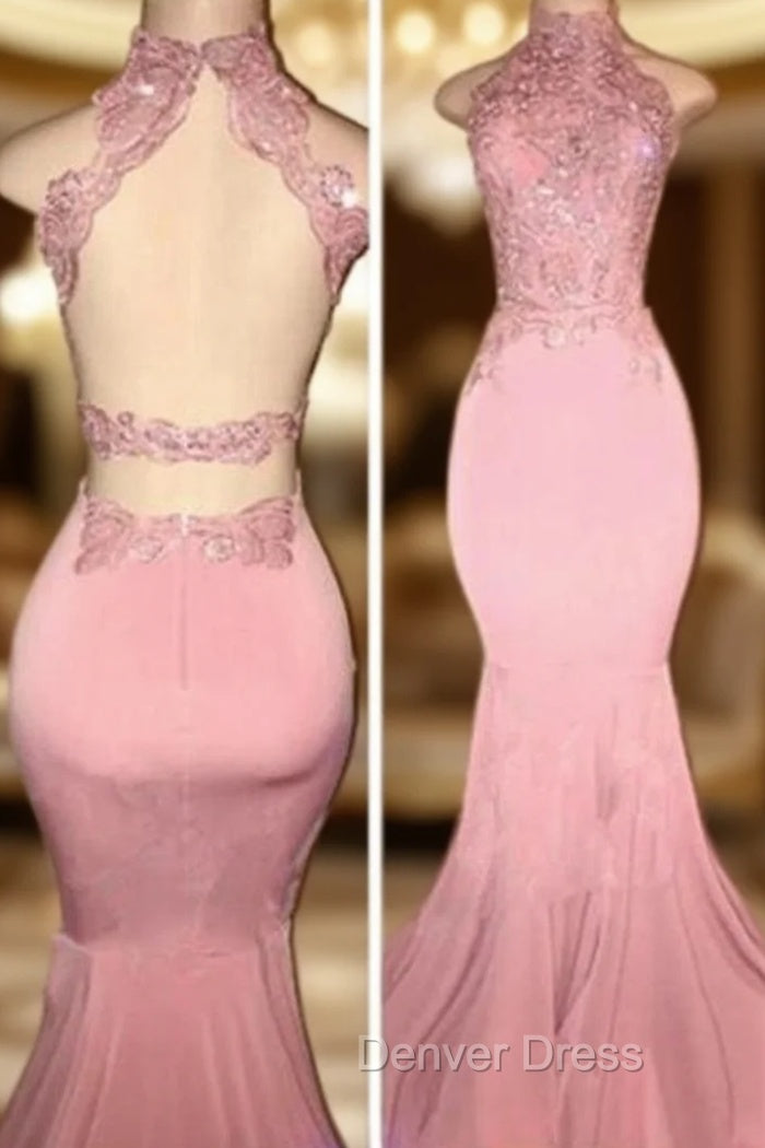 Gorgeous High Neck Pink Lace Prom Party GownsMermaid Long Main image