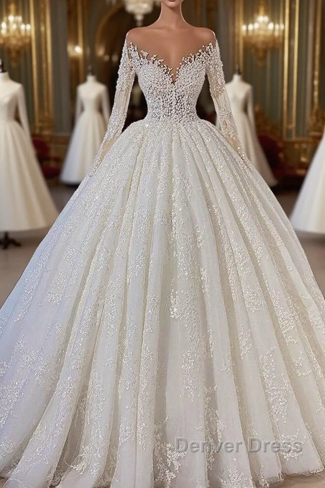 Gorgeous Lace Long Sleeve Beads Ball Gown Wedding Dresses Main image