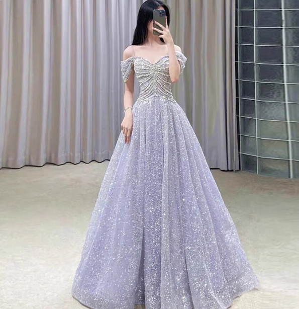Gorgeous Lavender A-Line Off-The-Shoulder Rhinestone Embellished Sequined Sheer Tulle Long Prom Dresses Evening Dresses Secondary image