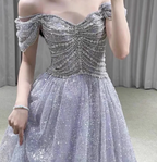 Gorgeous Lavender A-Line Off-The-Shoulder Rhinestone Embellished Sequined Sheer Tulle Long Prom Dresses Evening Dresses