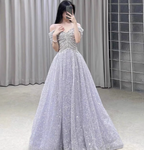Gorgeous Lavender A-Line Off-The-Shoulder Rhinestone Embellished Sequined Sheer Tulle Long Prom Dresses Evening Dresses