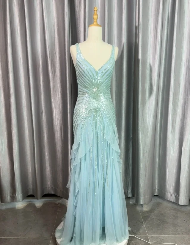 Gorgeous Light Blue V-Neck Ruffled Sequined Chiffon Long Prom Dresses Evening Dresses