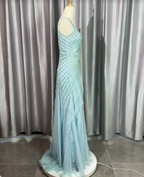 Gorgeous Light Blue V-Neck Ruffled Sequined Chiffon Long Prom Dresses Evening Dresses