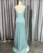 Gorgeous Light Blue V-Neck Ruffled Sequined Chiffon Long Prom Dresses Evening Dresses