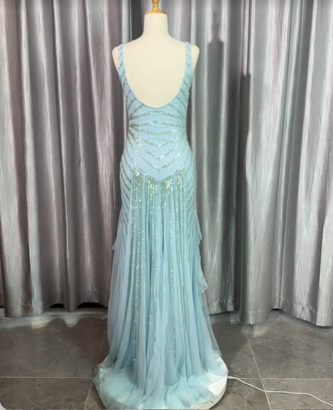 Gorgeous Light Blue V-Neck Ruffled Sequined Chiffon Long Prom Dresses Evening Dresses