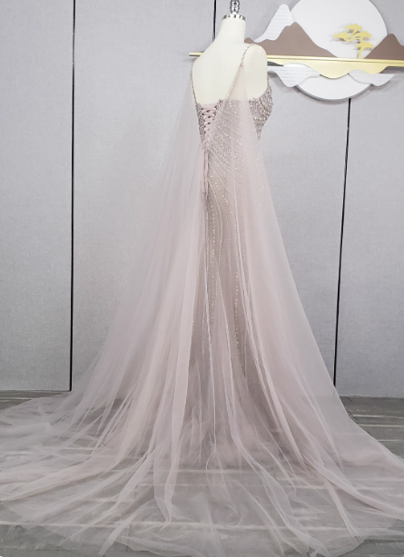 Gorgeous Light Lilac Spaghetti Strap Square Neck Rhinestone Tulle Train Prom Dresses Evening Dresses Secondary image