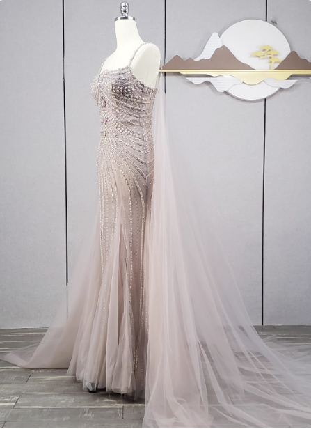 Gorgeous Light Lilac Spaghetti Strap Square Neck Rhinestone Tulle Train Prom Dresses Evening Dresses