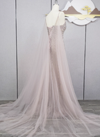 Gorgeous Light Lilac Spaghetti Strap Square Neck Rhinestone Tulle Train Prom Dresses Evening Dresses