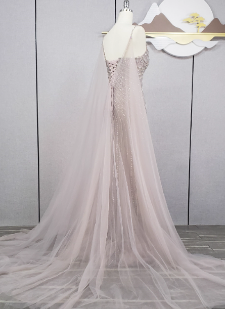 Gorgeous Light Lilac Spaghetti Strap Square Neck Rhinestone Tulle Train Prom Dresses Evening Dresses