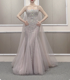 Gorgeous Light Lilac Spaghetti Strap Square Neck Rhinestone Tulle Train Prom Dresses Evening Dresses