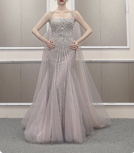 Gorgeous Light Lilac Spaghetti Strap Square Neck Rhinestone Tulle Train Prom Dresses Evening Dresses