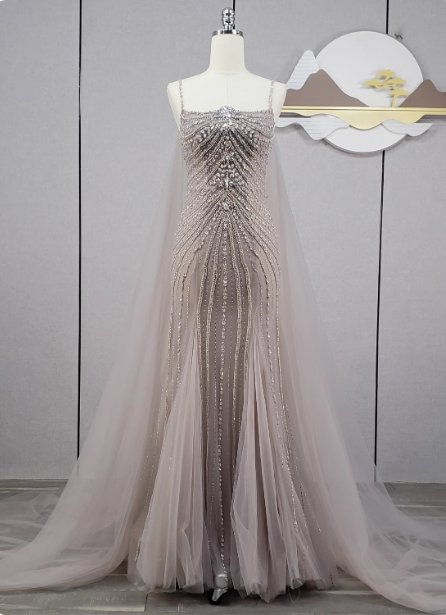 Gorgeous Light Lilac Spaghetti Strap Square Neck Rhinestone Tulle Train Prom Dresses Evening Dresses Main image