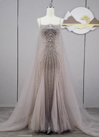 Gorgeous Light Lilac Spaghetti Strap Square Neck Rhinestone Tulle Train Prom Dresses Evening Dresses