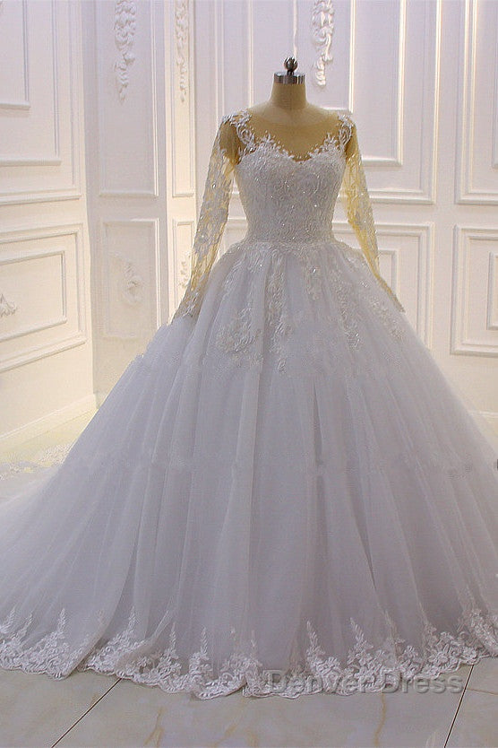 Gorgeous Long A-Line Bateau Pearl Tulle Appliques Lace Wedding Dresses with Sleeves