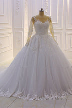 Gorgeous Long A Line Bateau Pearl Tulle Appliques Lace Wedding Dresses with Sleeves