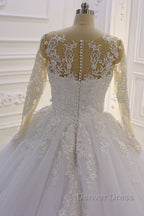Gorgeous Long A Line Bateau Pearl Tulle Appliques Lace Wedding Dresses with Sleeves
