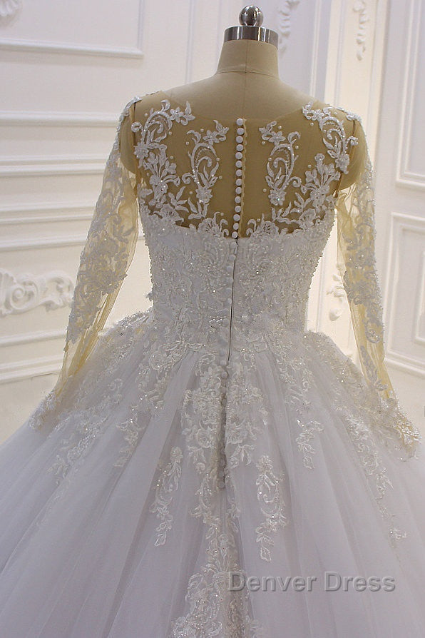 Gorgeous Long A Line Bateau Pearl Tulle Appliques Lace Wedding Dresses with Sleeves