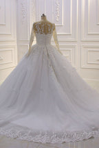 Gorgeous Long A-Line Bateau Pearl Tulle Appliques Lace Wedding Dresses with Sleeves