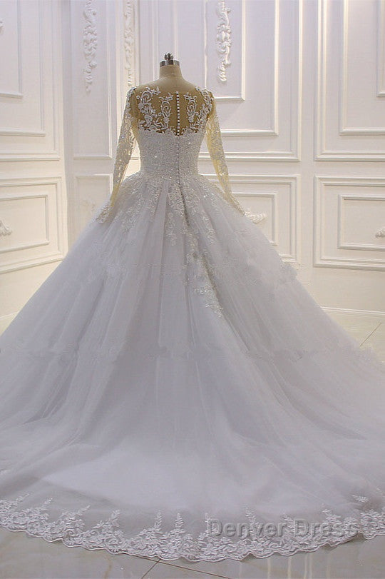 Gorgeous Long A-Line Bateau Pearl Tulle Appliques Lace Wedding Dresses with Sleeves
