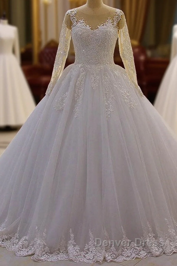 Gorgeous Long A-Line Bateau Pearl Tulle Appliques Lace Wedding Dresses with Sleeves