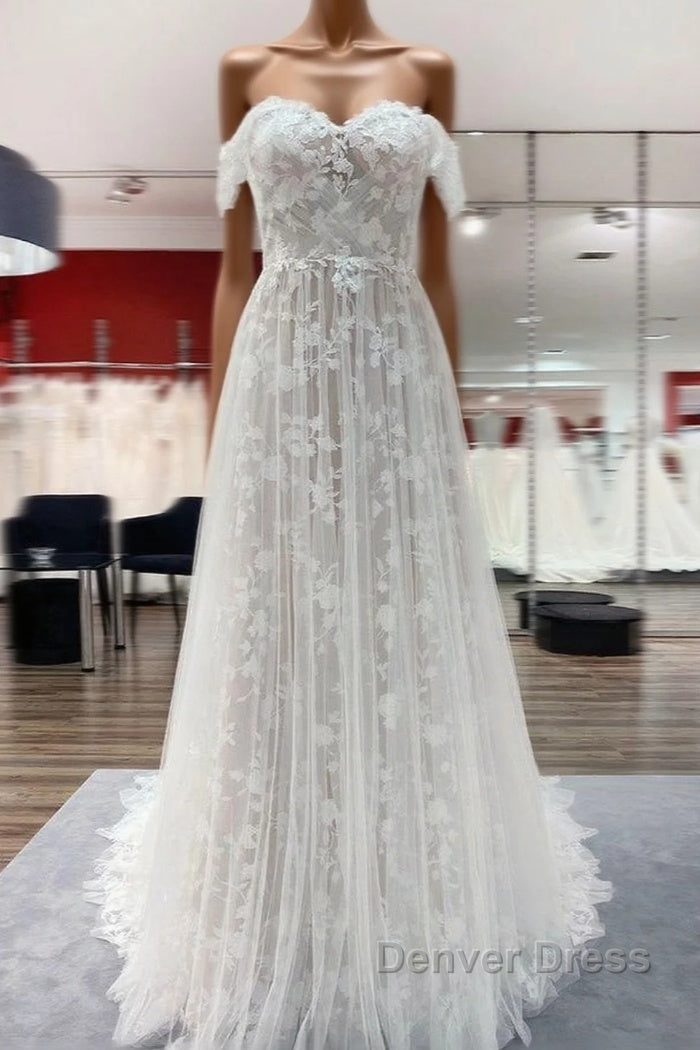 Gorgeous Long A-line Off-the-shoulder Tulle Appliques Lace Wedding Dresses Main image