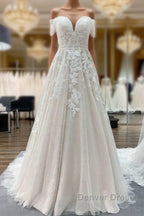 Gorgeous Long A Line Off The Shoulder Tulle Lace Appliques Wedding Dresses