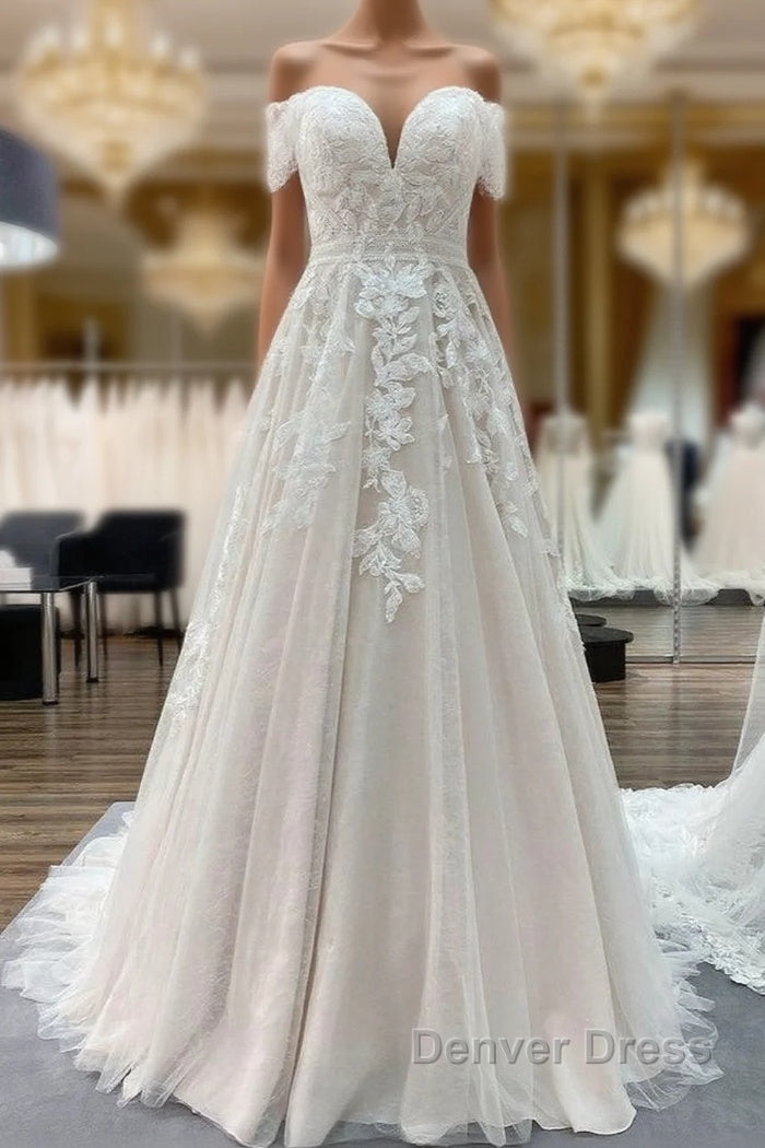 Gorgeous Long A Line Off The Shoulder Tulle Lace Appliques Wedding Dresses