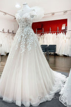 Gorgeous Long A-line Off-the-shoulder Tulle Lace Ruffles Wedding Dresses