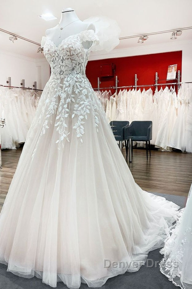 Gorgeous Long A-line Off-the-shoulder Tulle Lace Ruffles Wedding Dresses
