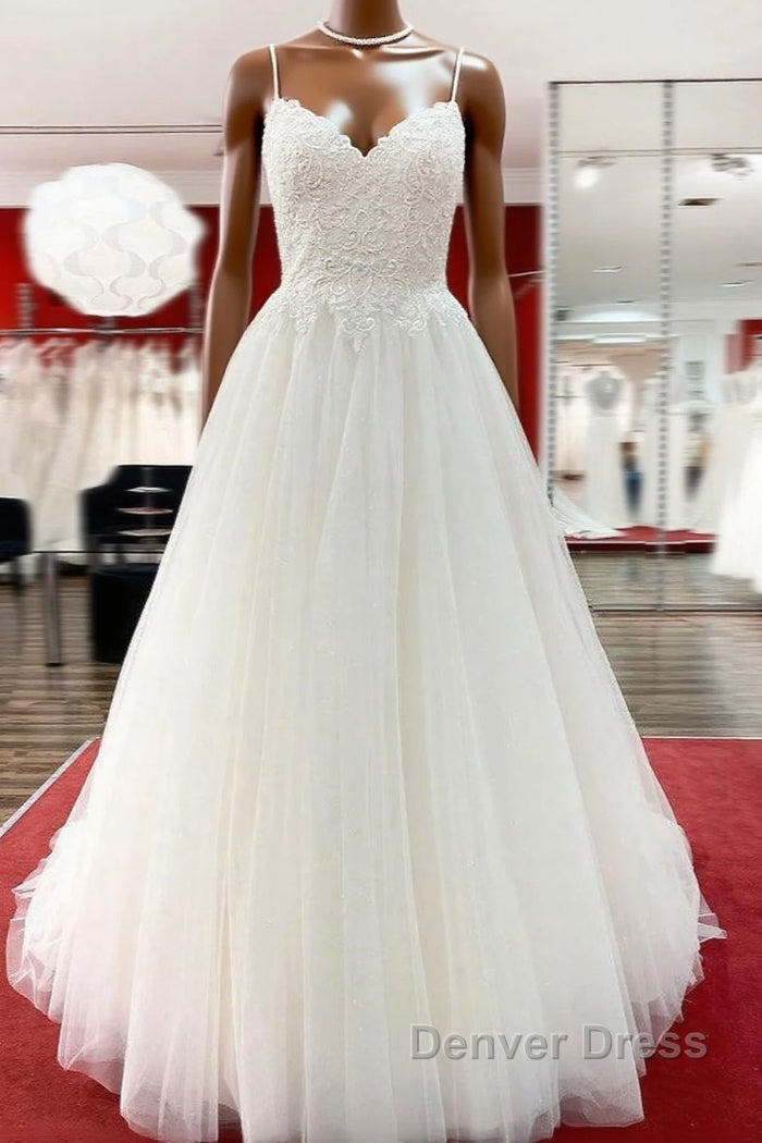 Gorgeous Long A-line Sweetheart Spaghetti Straps Tulle Lace Wedding Dresses