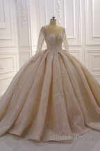Gorgeous Long Ball Gowns Bateau Crystal Wedding Dresses with Sleeves